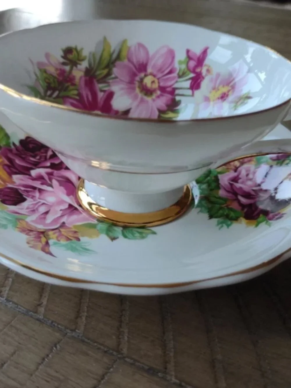 Vintage Crownford Teacup & Saucer Pink-Yellow Flowers + Gilt Scalloped Edges
